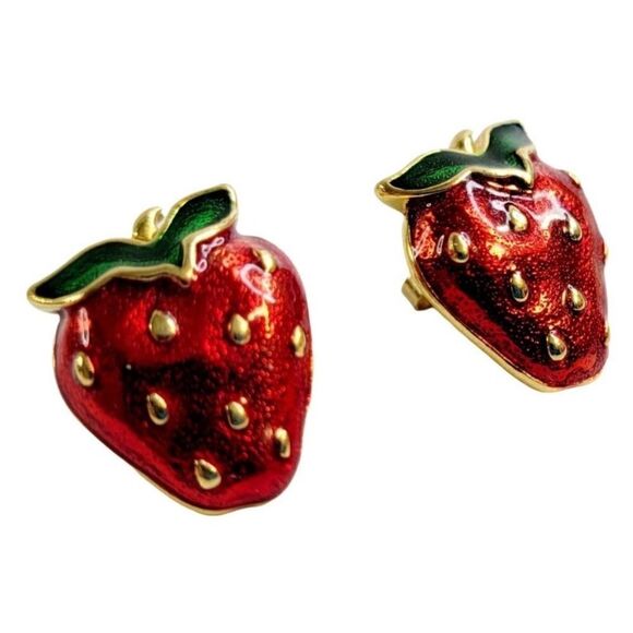 ‎Vintage Strawberry Earrings Avon Enameled Post Type - Picture 2 of 4